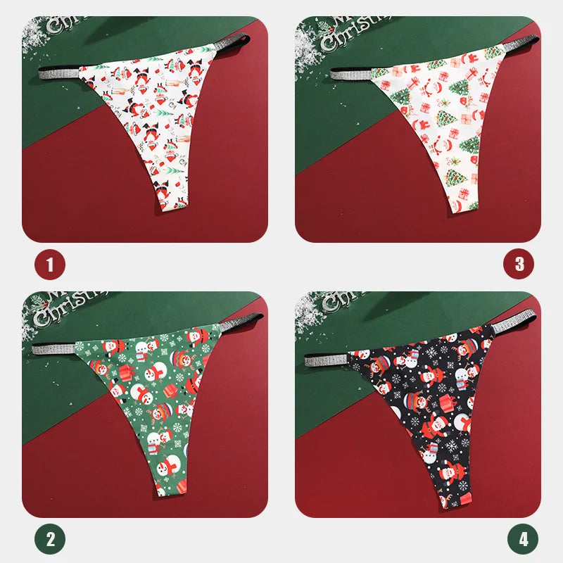 New 4Pcs Christmas Print Underwear Breathable Shiny Belt Thong Women Skin-friendly Fashionable Casual Christmas Gifts