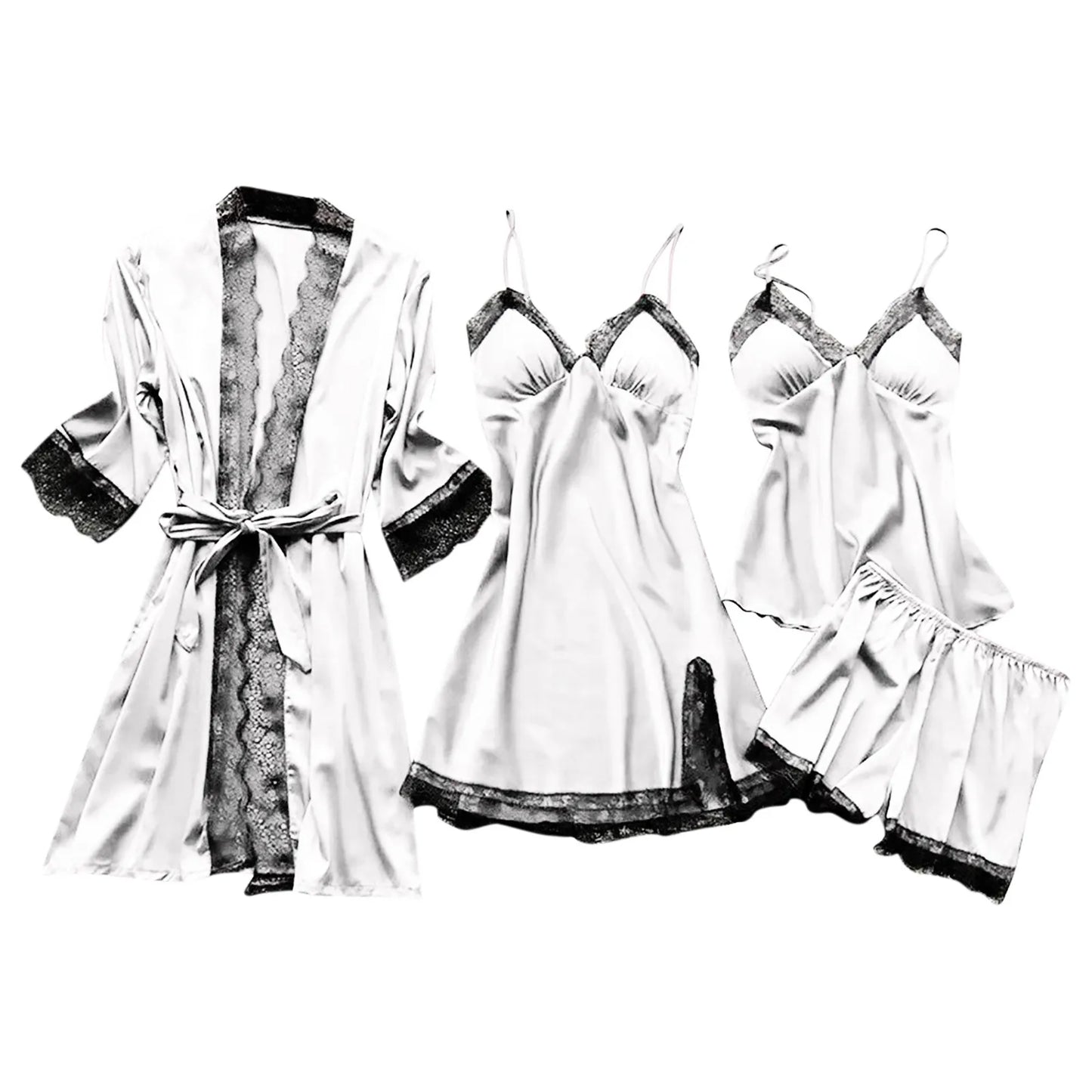 Women’s 4-Piece Satin & Lace Nightwear Set – Camisole, Shorts, Nightdress & Robe