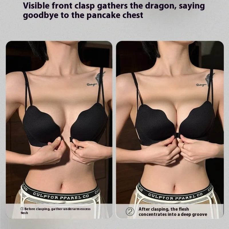 New Front Buckle Beautiful Back Underwear Women's Small Breasts Gathered Integrated Non-wired Breathable Non-marking Bra