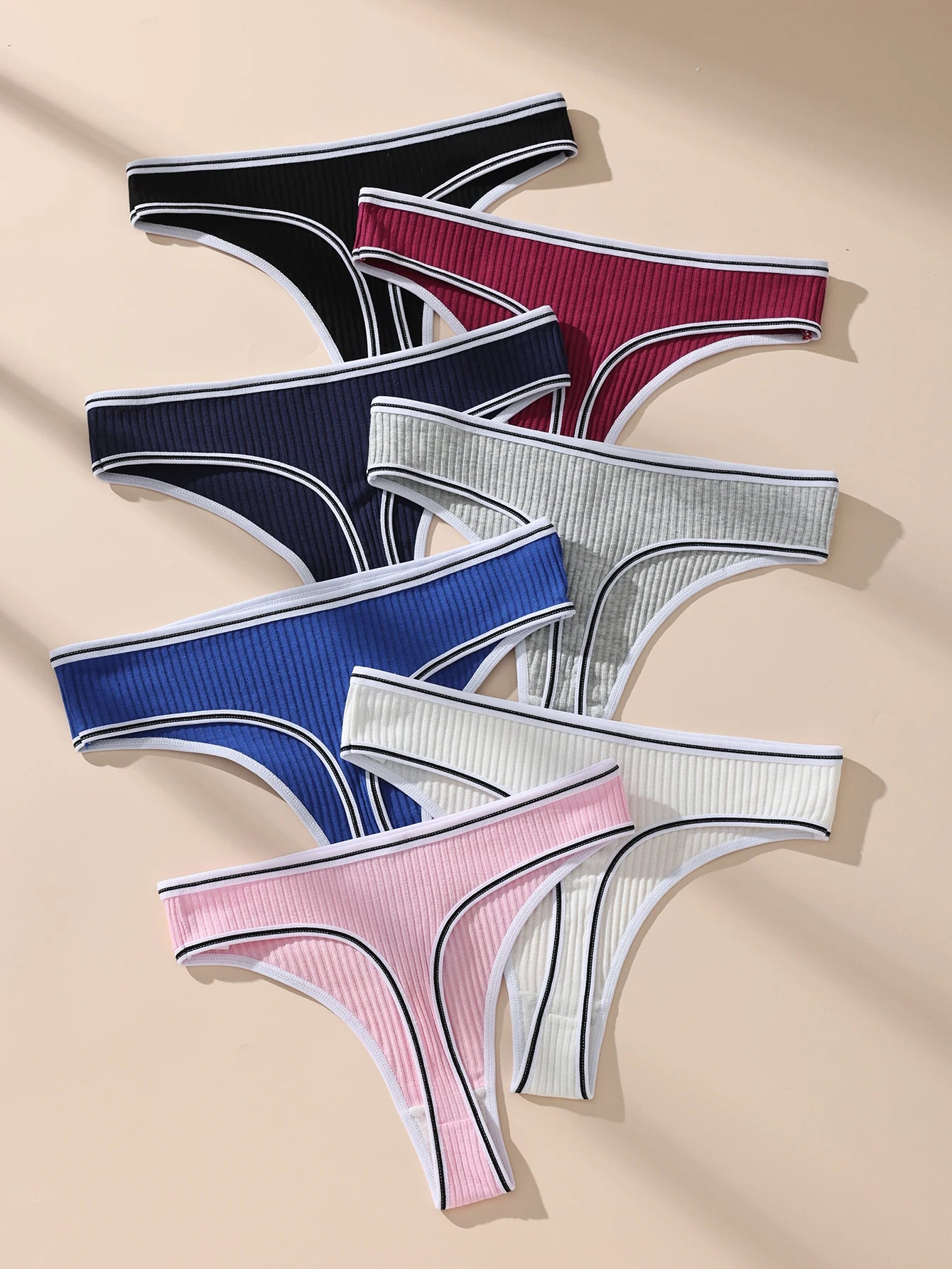 Hotcom 7Pcs Ribbed Cotton Bikini Thongs for Women Letter Print Seamless Comfortable Breathable Underwear Panties