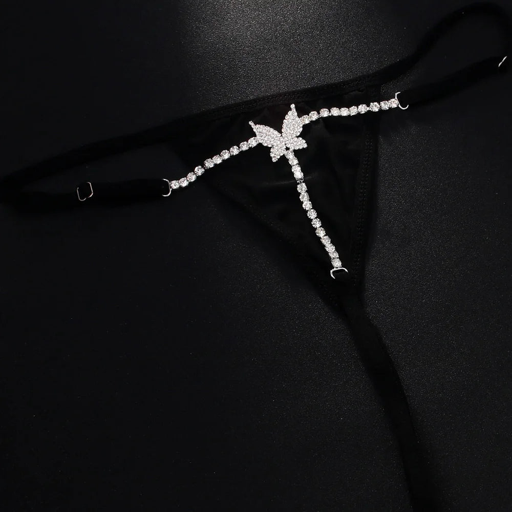 Stonefans Rhinestone Chain Butterfly Panties Body Jewelry for Women Sexy Low Back Thong Bikini Black Choth Lingerie Underwear