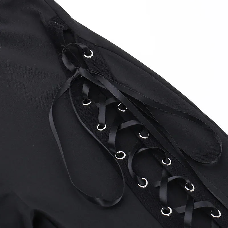 Grunge Streetwear Zwarte Bandage Broek Cyber Gothic Punk Hollow Out Flare Broek Vrouwen Emo Hoge Taille Sexy Alt Bottom