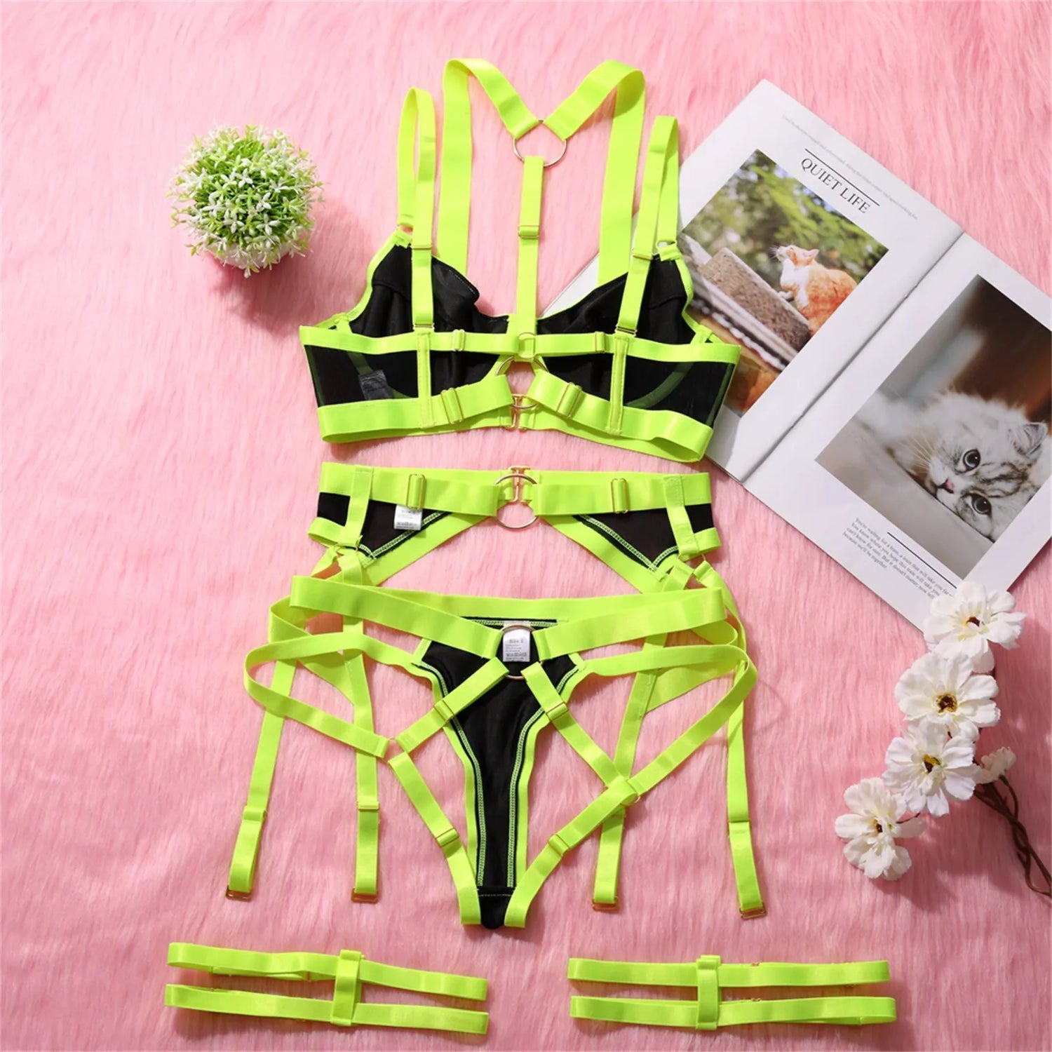 Sexy Hollow Out Strap-On Lingerie Set – Crop Top Bra & Ruched Bodycon Dress with Waistband and Leg Loops for Women