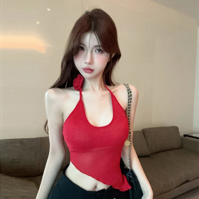 Korean Version of Red Halterneck Irregular Three-dimensional Flower Decoration Slim Sexy Fashion Camisole Top