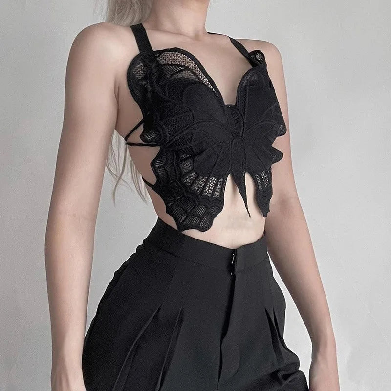 Summer Lace Butterfly Slim Sexy Exposed Navel Padded Camisole TankTop