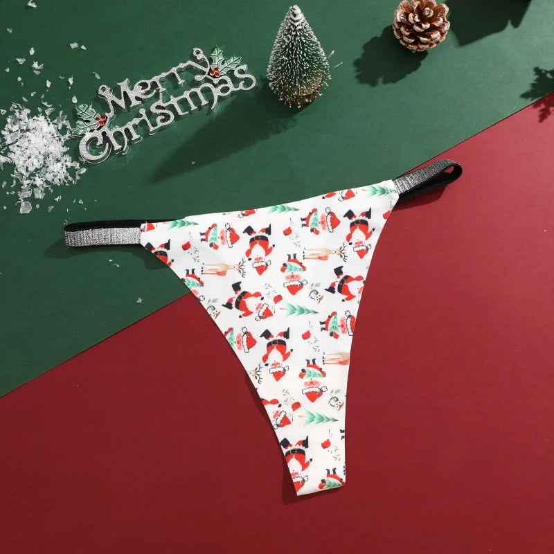 New 4Pcs Christmas Print Underwear Breathable Shiny Belt Thong Women Skin-friendly Fashionable Casual Christmas Gifts