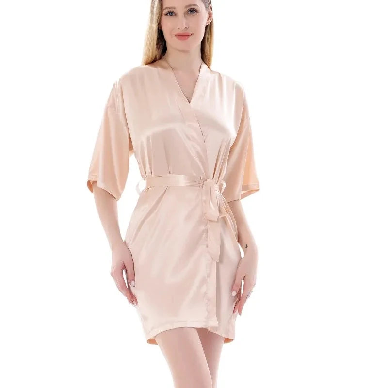 Women Silk Satin Short Night Robe Solid Kimono Robe Fashion Bath Robe Sexy Bathrobe Peignoir Femme Wedding Bride Bridesmaid Robe