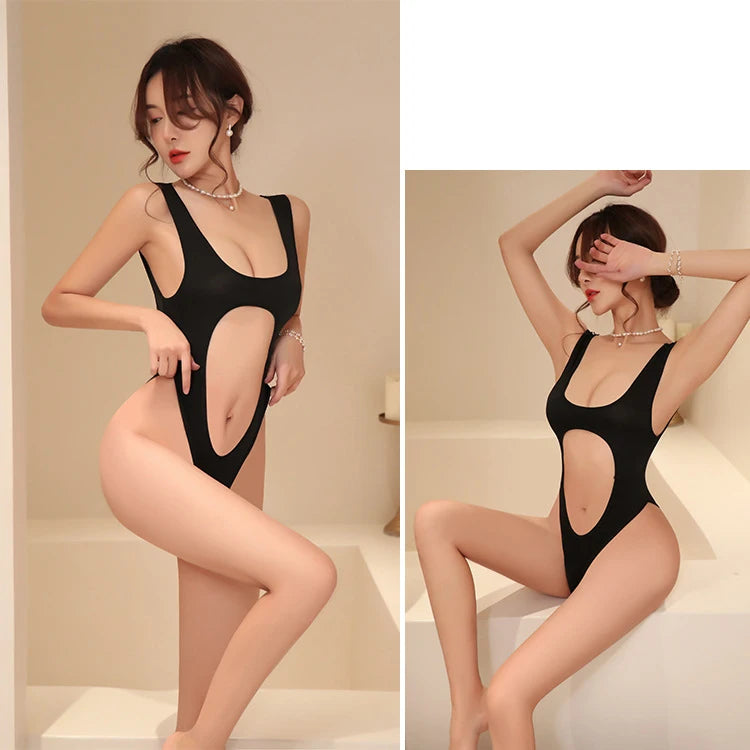 Deep-V Plunge Mesh Bodysuit & Tight Swimsuit Jumpsuit Set – Open-Back Thong Babydoll Lingerie