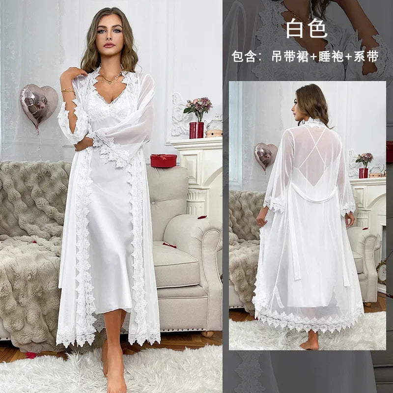 Sexy Sheer Mesh Robe Bride Wedding Robe Suit 2Pcs Lace Patchwork Night Dress Long Chemise Sleepwear Satin Lingerie Pajamas