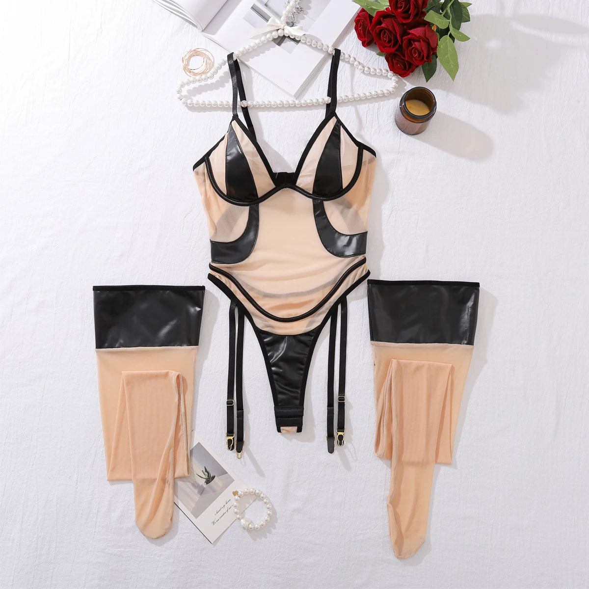 Ellolace Latex & Mesh Patchwork Crotchless Bodystocking – Sheer Nightwear Bodysuit with Clip Detail