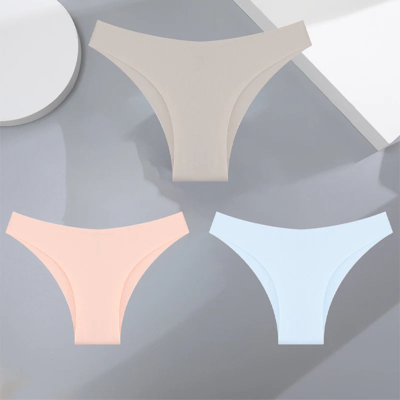 FINETOO 3Pcs Ultra-thin Seamless Silk Underwear Women's Panties Sexy Low-Waist Stretch Bikini Solid Color Briefs Lingerie XS-XXL