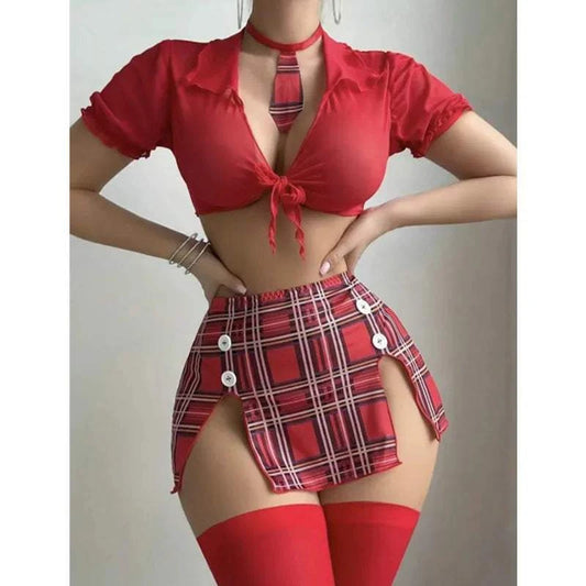 Women Schoolgirl Lingerie Sexy Roleplay Short Sleeve Crop Top Slit Plaid Skirt Briefs Neck Tie Costume Lingerie Lace Cosplay