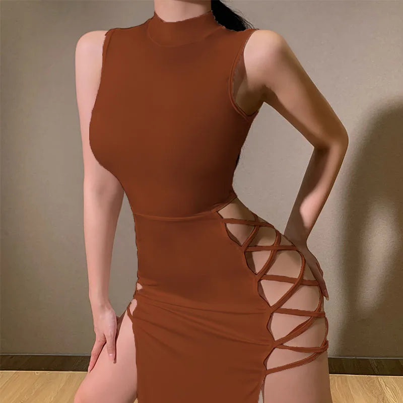 Women's Gothic Dress Summer New Sleveless Slim Sexy Black Wind Hanging Neck Tie Double Split Dress Female Y2K Clothing Dresses