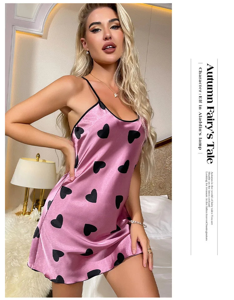 Heart Print Slip Nightdress Casual Crew Neck Criss Cross Back Sleepwear Women's Dresses