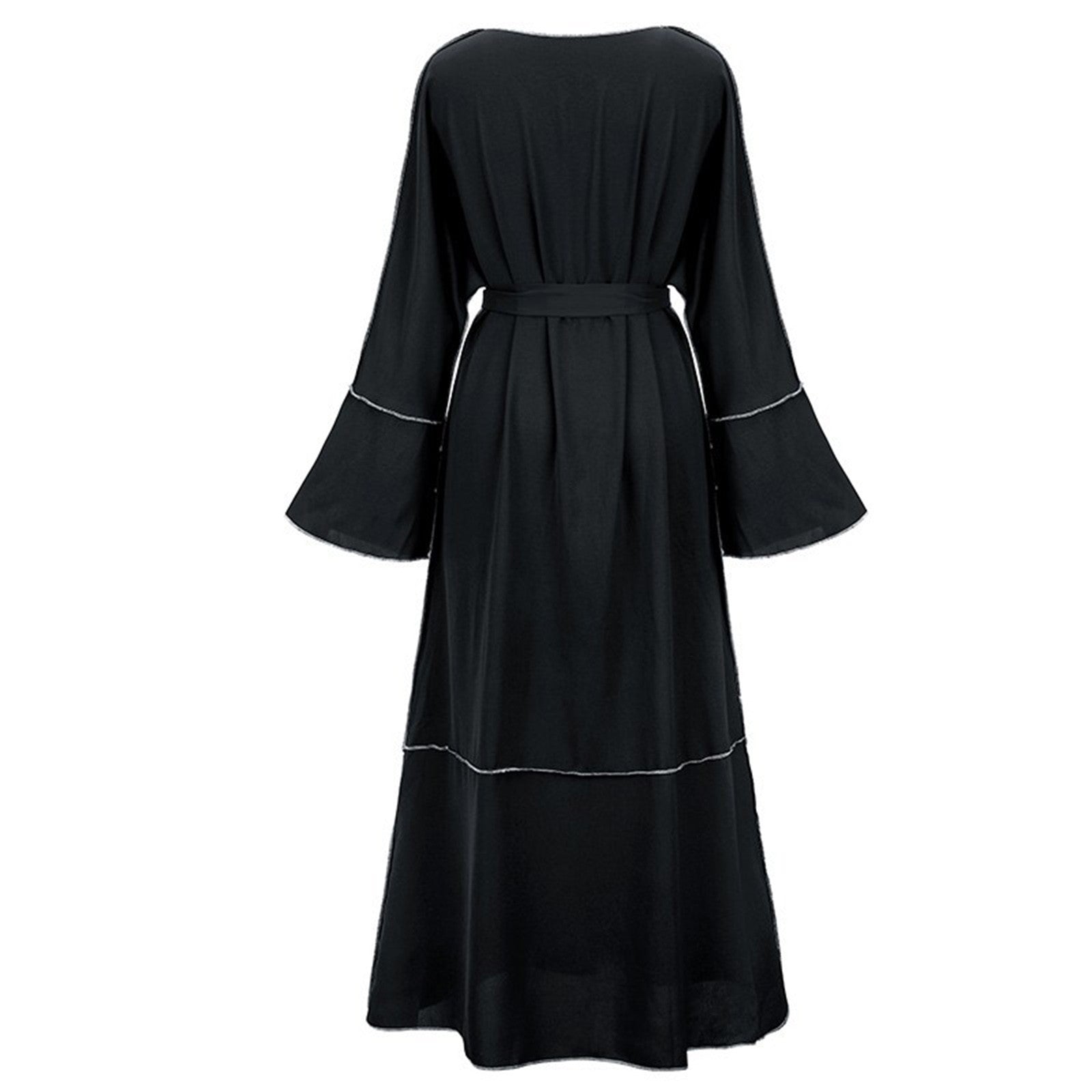 2024 Lace-Up V-Neck Flare-Sleeve Abaya – Long Muslim Hijab Dress