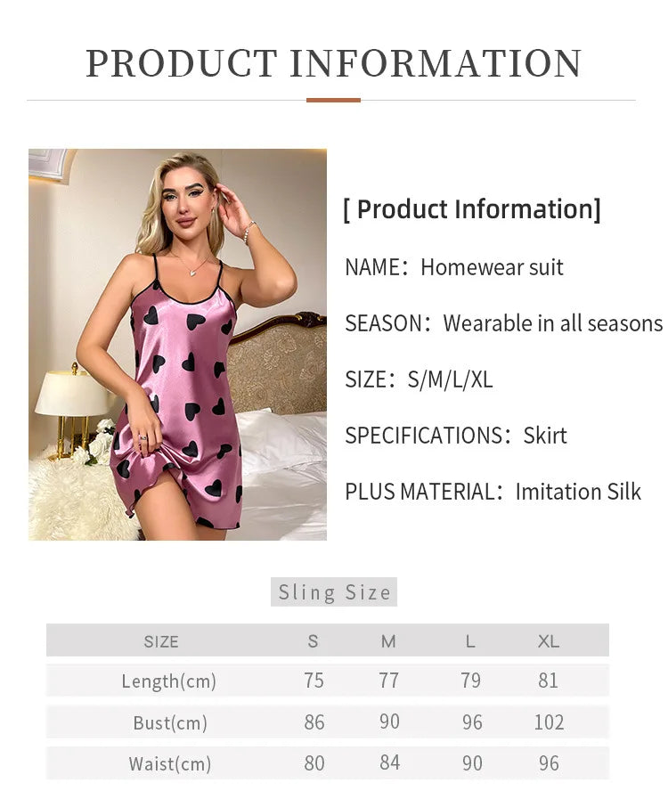 Heart Print Slip Nightdress Casual Crew Neck Criss Cross Back Sleepwear Women's Dresses
