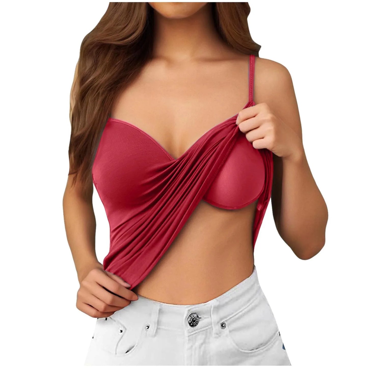 Plus Size Lace Camisole Top with Built-In Bra – Casual Solid Color Spaghetti Strap V-Neck Tank for Women