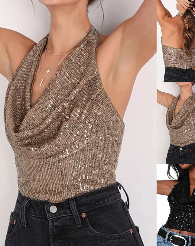 Summer Women'S Tanks Women Fashion Solid Sequin Hanging Neck Vest Round Neck Tank Vest Shirt Crop Top Tanques De Mujer