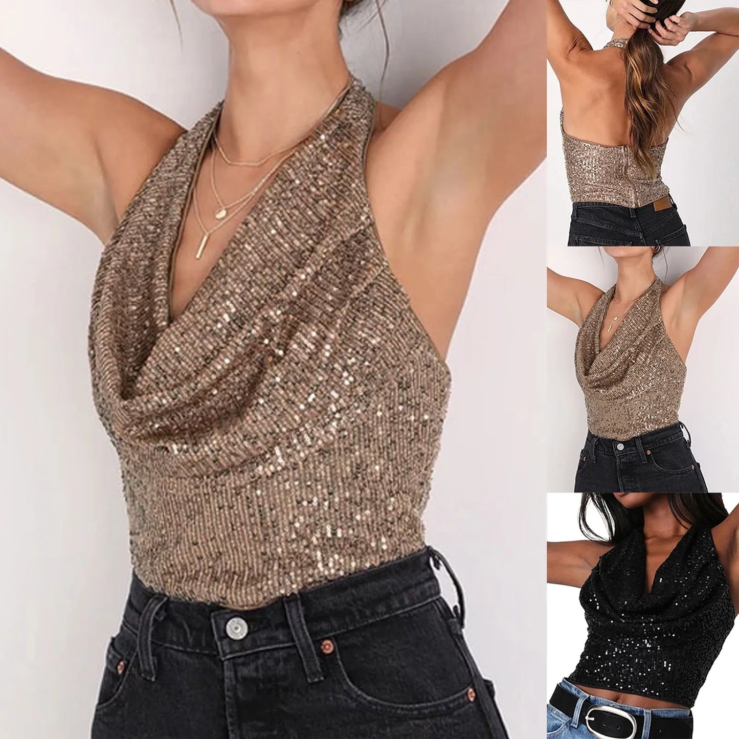 Summer Women'S Tanks Women Fashion Solid Sequin Hanging Neck Vest Round Neck Tank Vest Shirt Crop Top Tanques De Mujer