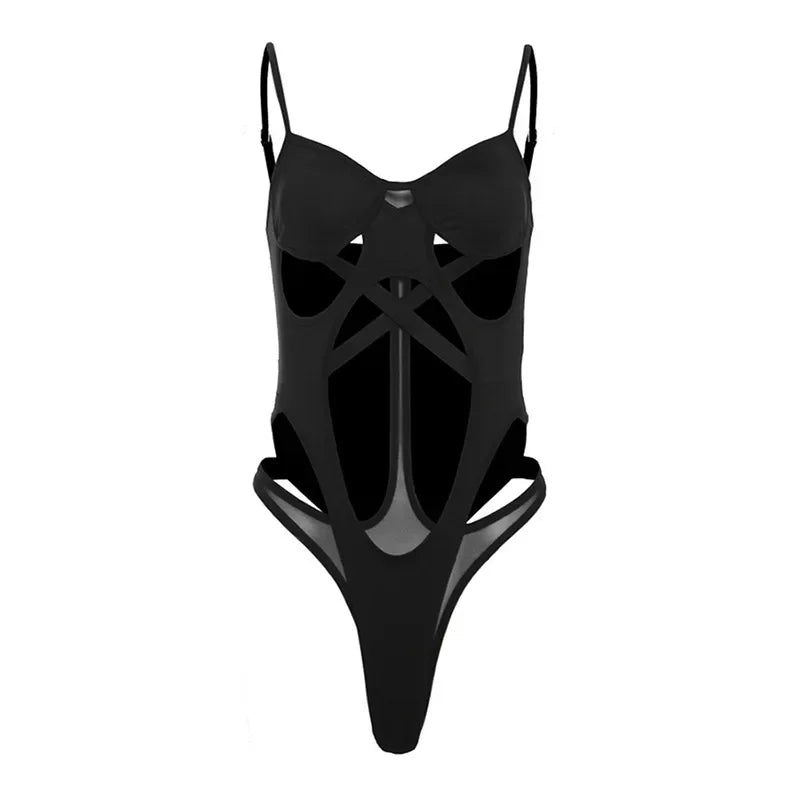 Black Y2K Cyber Bandage Bodysuit with Mesh Cutouts, Mock Neck and Glove Sleeves