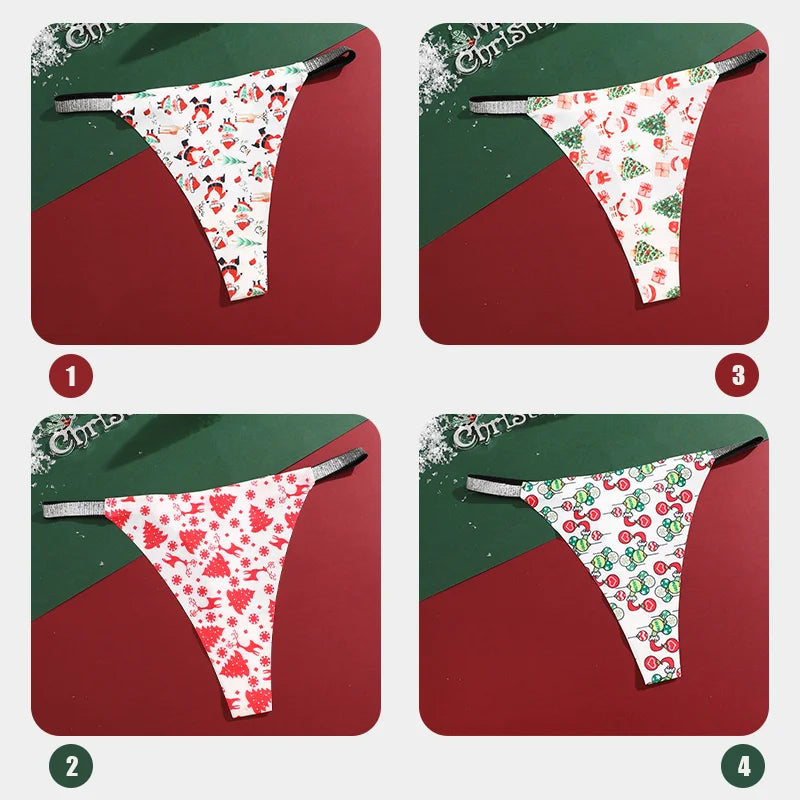 New 4Pcs Christmas Print Underwear Breathable Shiny Belt Thong Women Skin-friendly Fashionable Casual Christmas Gifts