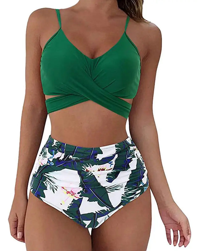 Hot 12 Colors Women Slim Bikini Sets High Waisted Sexy Swimwear 2 Pieces 2025 Solid/Floral Ruched Brazilian Swimsuit Cross Front