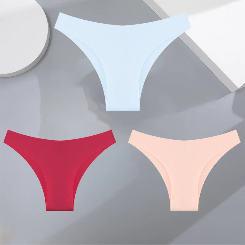 FINETOO 3Pcs Ultra-thin Seamless Silk Underwear Women's Panties Sexy Low-Waist Stretch Bikini Solid Color Briefs Lingerie XS-XXL