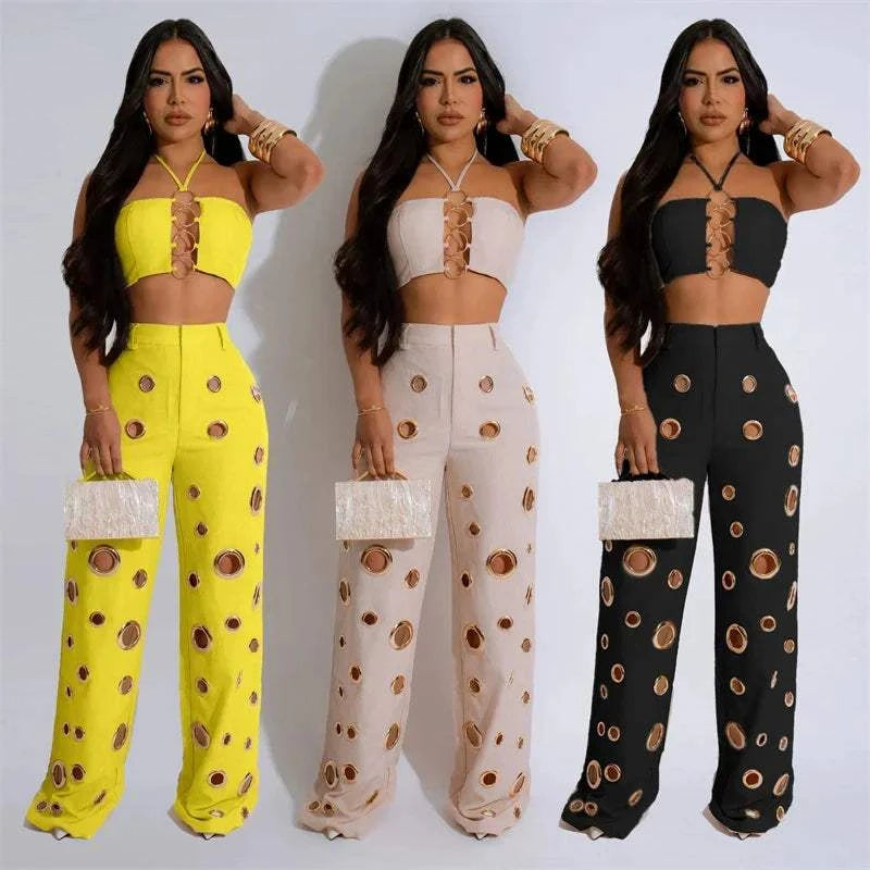 Sexy Night Party 2 Piece Sets Women Outfit Clubwear Festival Clothing Halter Crop Top and Pants Conjuntos Femininos Elegantes