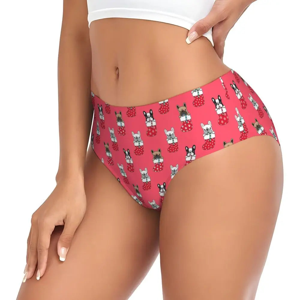 Custom Womens French Bulldog Christmas Santa Claus Brief Panties Female Stretch Underwear Underpants
