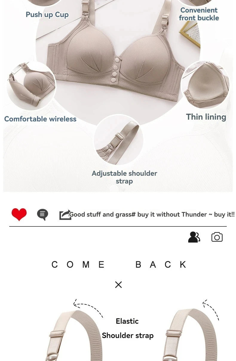 Plus-Size Front-Closure Push-Up Bra for Mature Women – Adjustable Thin Cups, Breathable Comfort Underwear