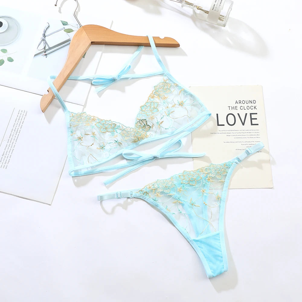 Women’s Ultra-Thin Transparent Mesh Lace Bralette & Brief Set – Backless Sexy Lingerie
