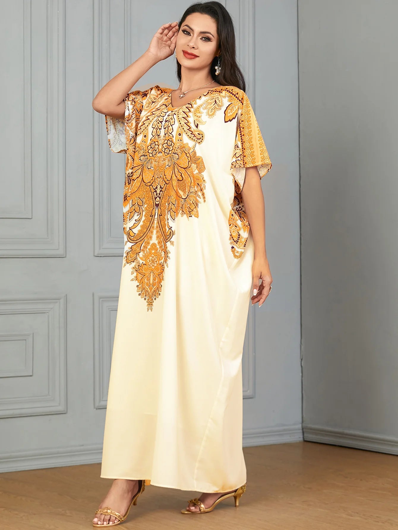 Moroccan-Print Loose-Fit Maxi Kaftan Dress – Short-Sleeve Muslim Abaya & Turkey Caftan