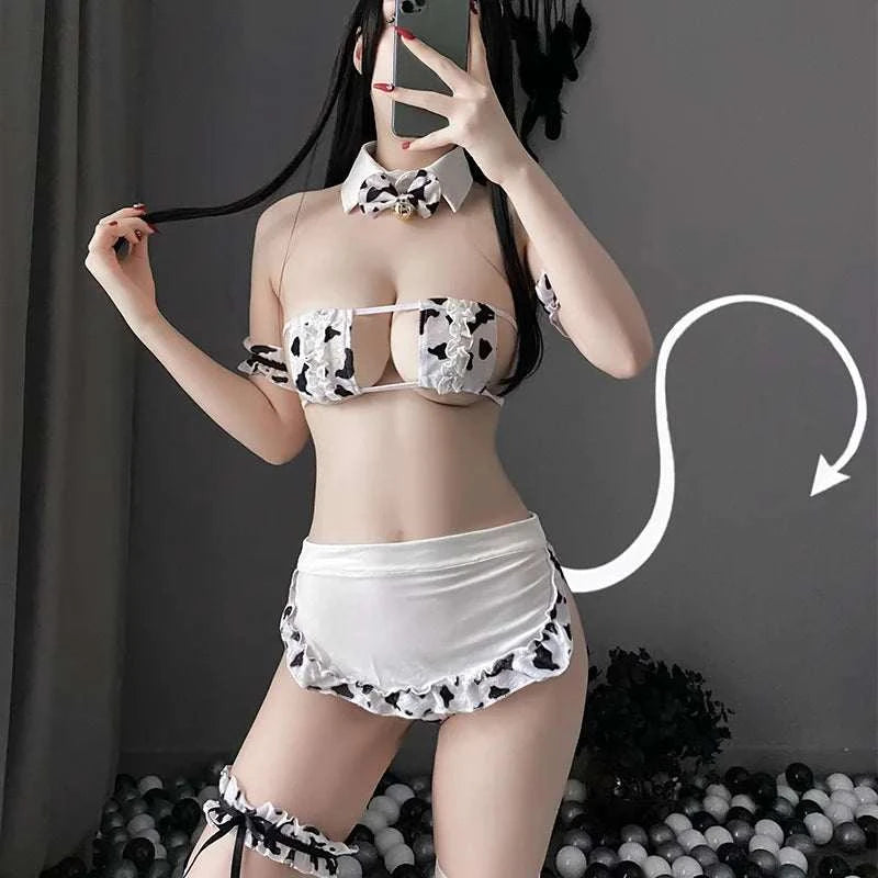 Hot Cute Anime Cow Cosplay Exotic Costume Japanese Style Bikini Lingerie Set for Role Play Night Sleepwear Clubwear Maid Uniform