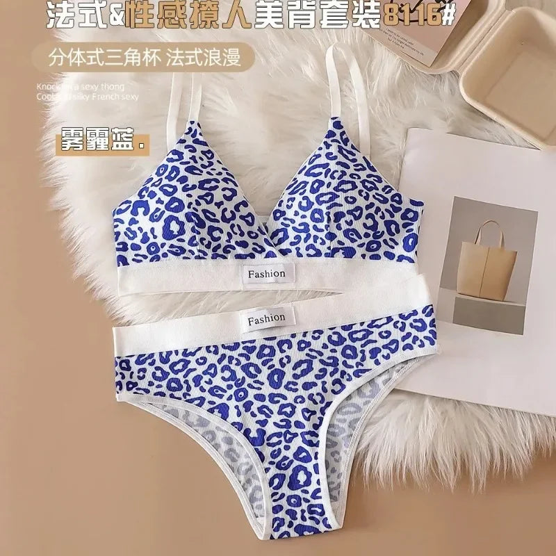 Leopard-Print Traceless Steel-Rim Bra & Underwear Set – Adjustable Strap-Back Support