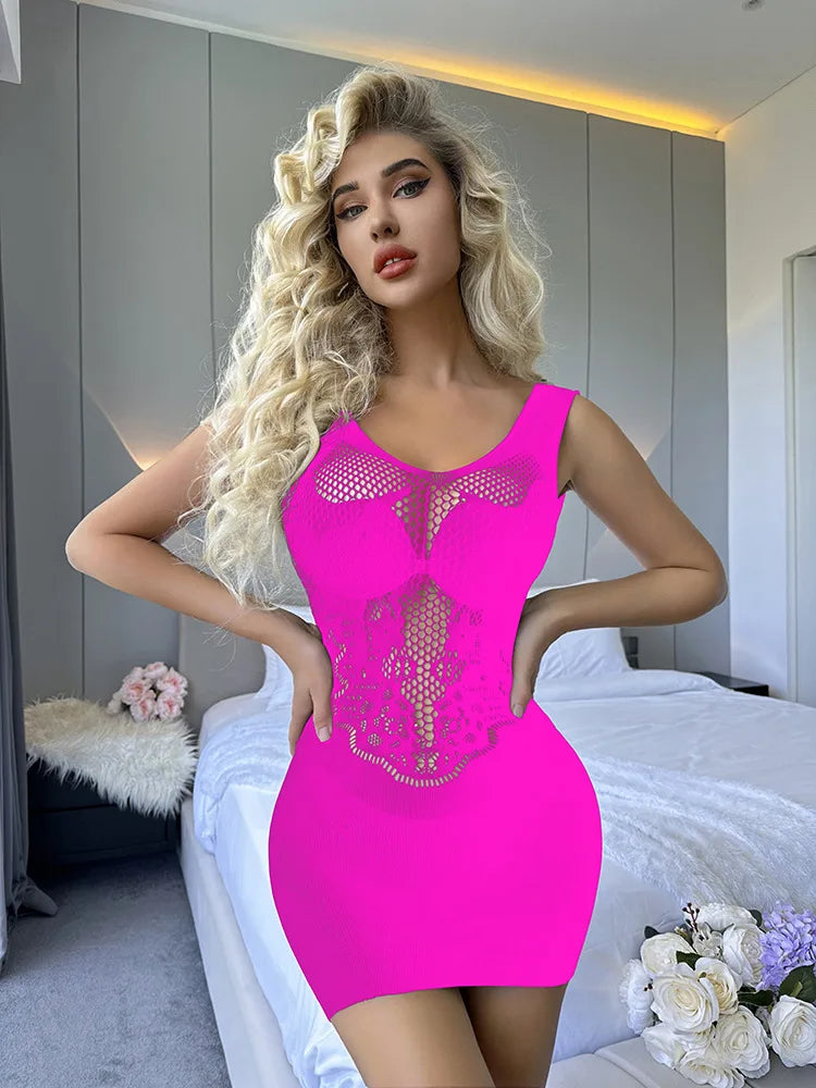 Women’s Sheer Fishnet Hollow-Out Backless Bodysuit Skirt – Erotic One-Piece Mesh Dress