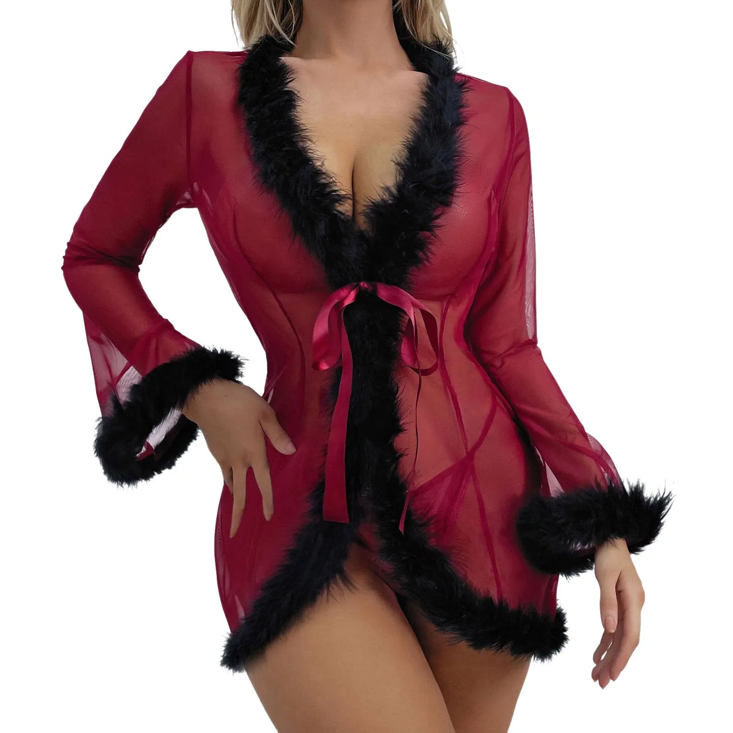 Furry Mesh Robe Lace Up See Through Nightgown Transparent Sleepwear Red Christmas Sexy Lingerie Bathrobe Kimono Lenceria