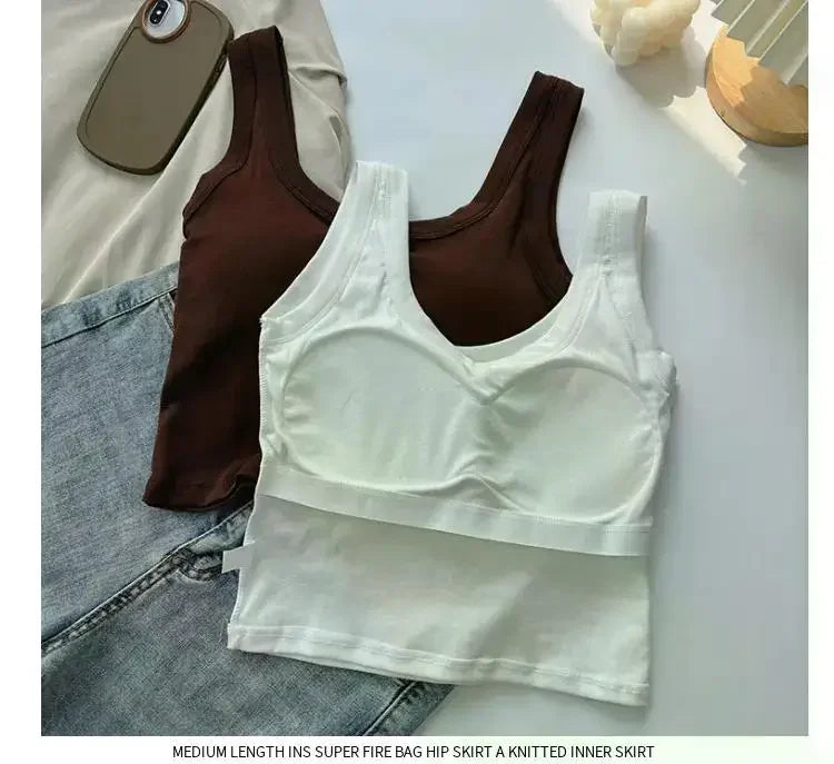 Women's Vest One-Piece No Steel Ring Cotton Chest Pad Wide Shoulder Sports Yoga Vest Underwear Black White Bra Tank Top Women