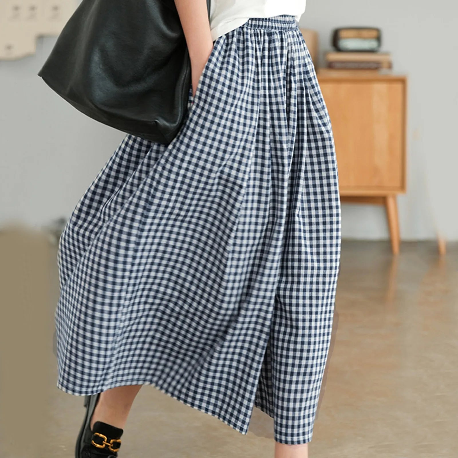 2024 Summer New Culotte Pants High Waist Pleated Slanted Pocket A-Shaped Wide Leg Covering Span Checkered Printing Trousers
