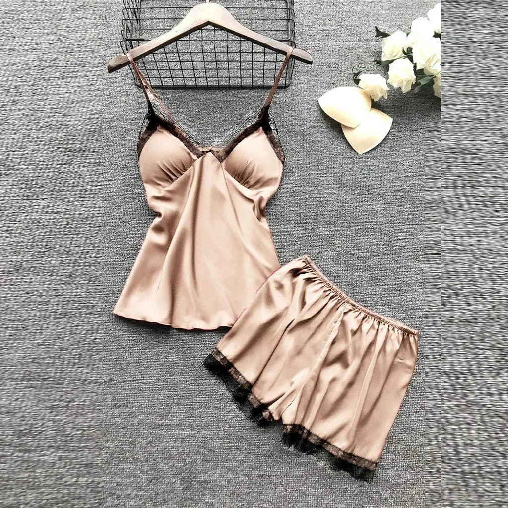 Women’s 4-Piece Satin & Lace Nightwear Set – Camisole, Shorts, Nightdress & Robe