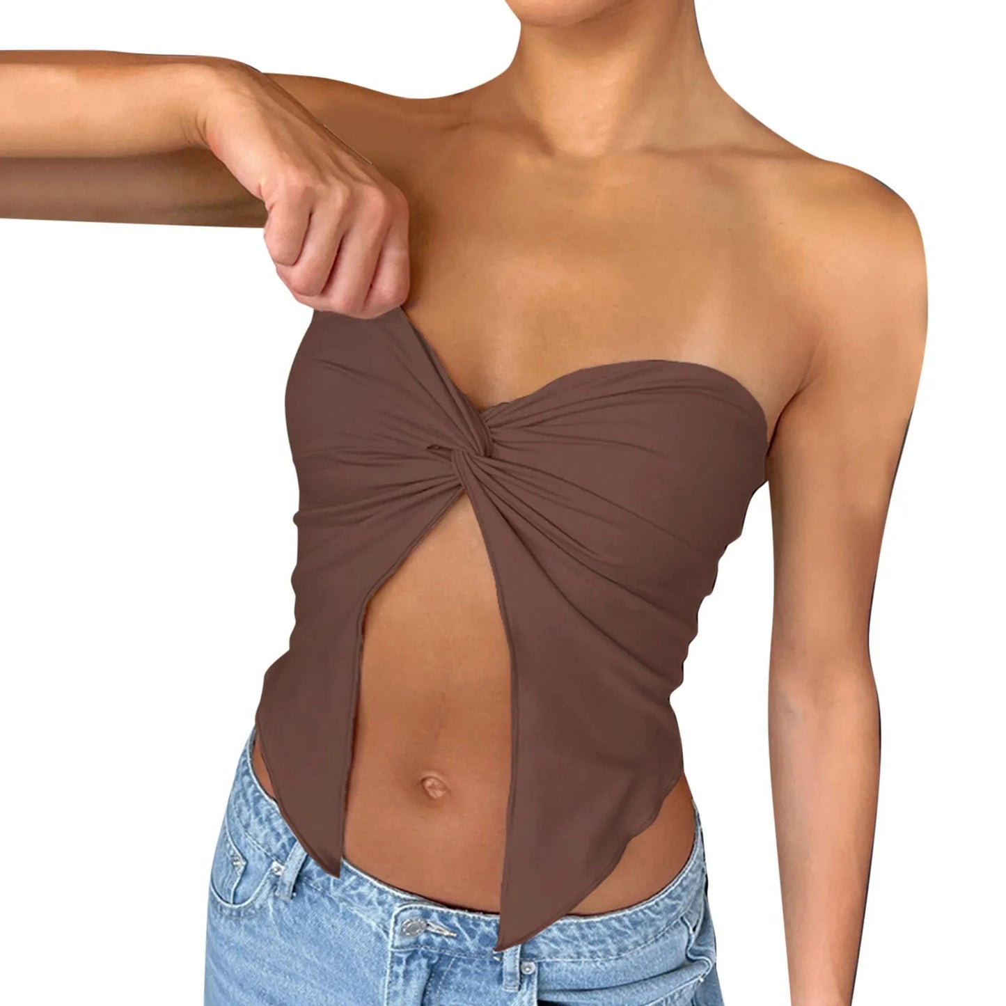Ruched Strapless Bandeau Crop Top – Casual Backless Tube Top for Women