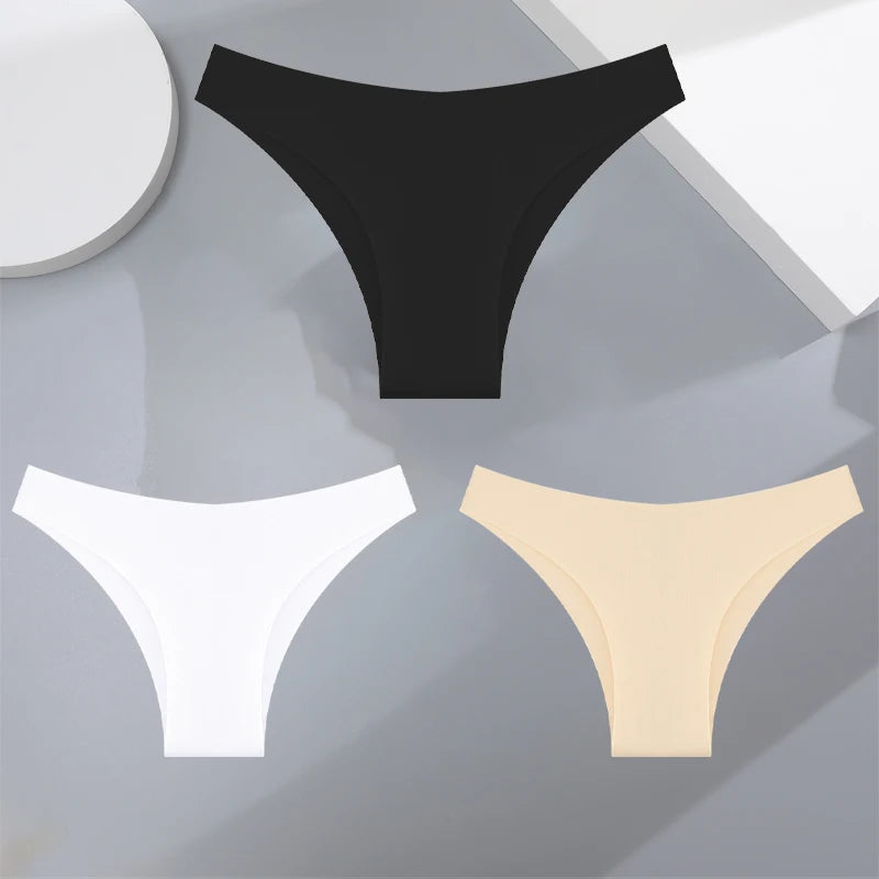 FINETOO 3Pcs Ultra-thin Seamless Silk Underwear Women's Panties Sexy Low-Waist Stretch Bikini Solid Color Briefs Lingerie XS-XXL