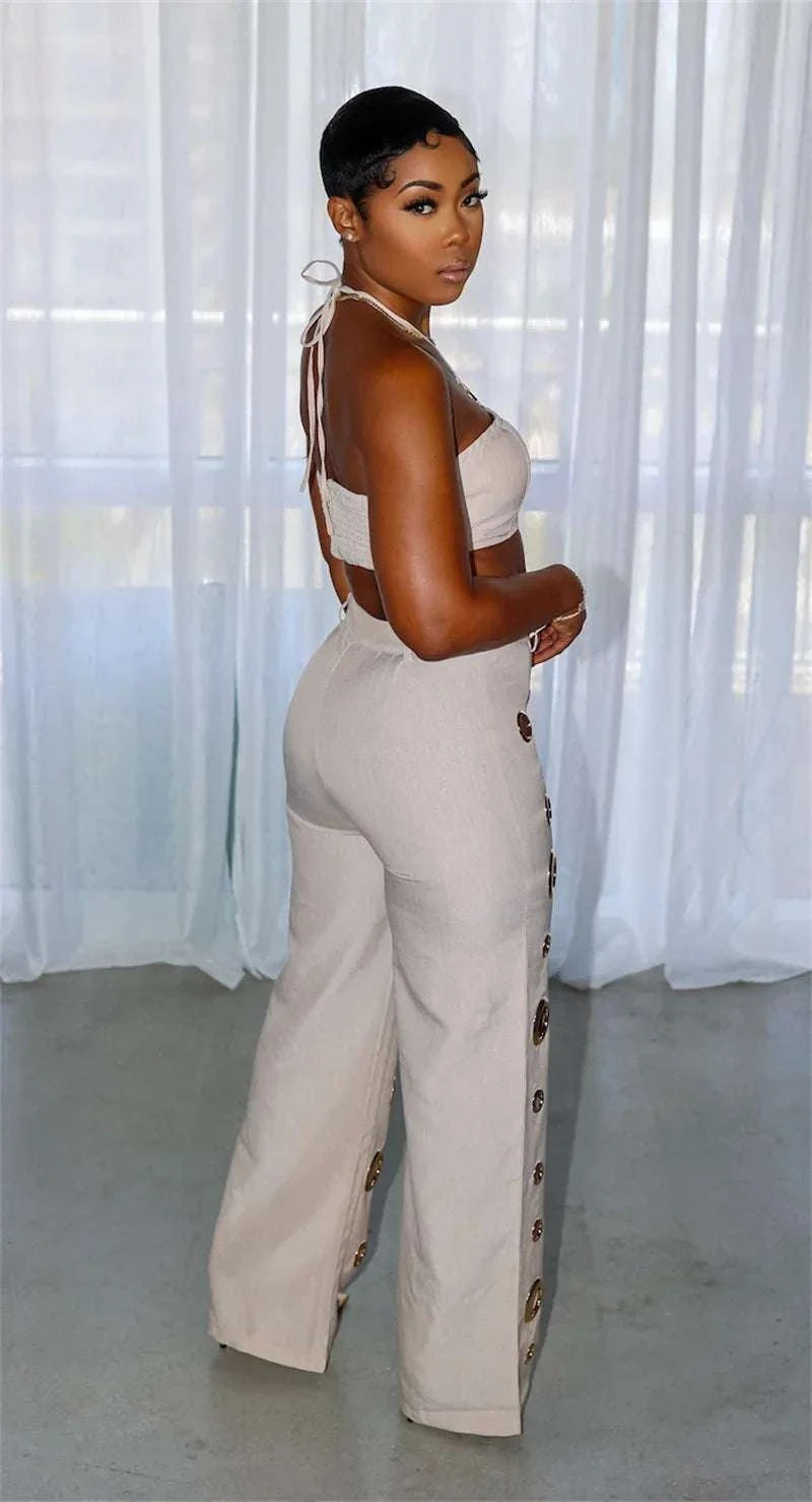 Sexy Night Party 2 Piece Sets Women Outfit Clubwear Festival Clothing Halter Crop Top and Pants Conjuntos Femininos Elegantes