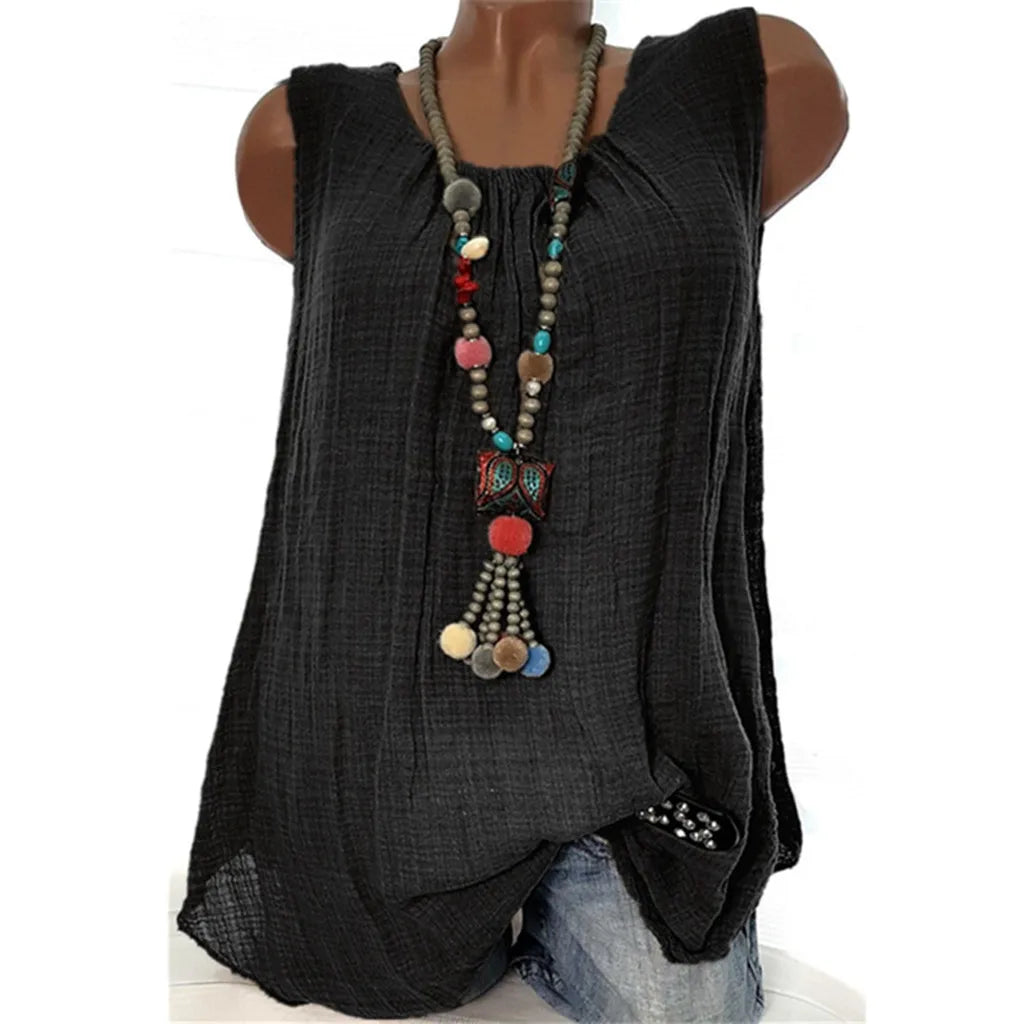 Plus Size Cotton Linen Sleeveless Baggy Tank Top – Casual U-Neck Summer Vest Blouse for Women