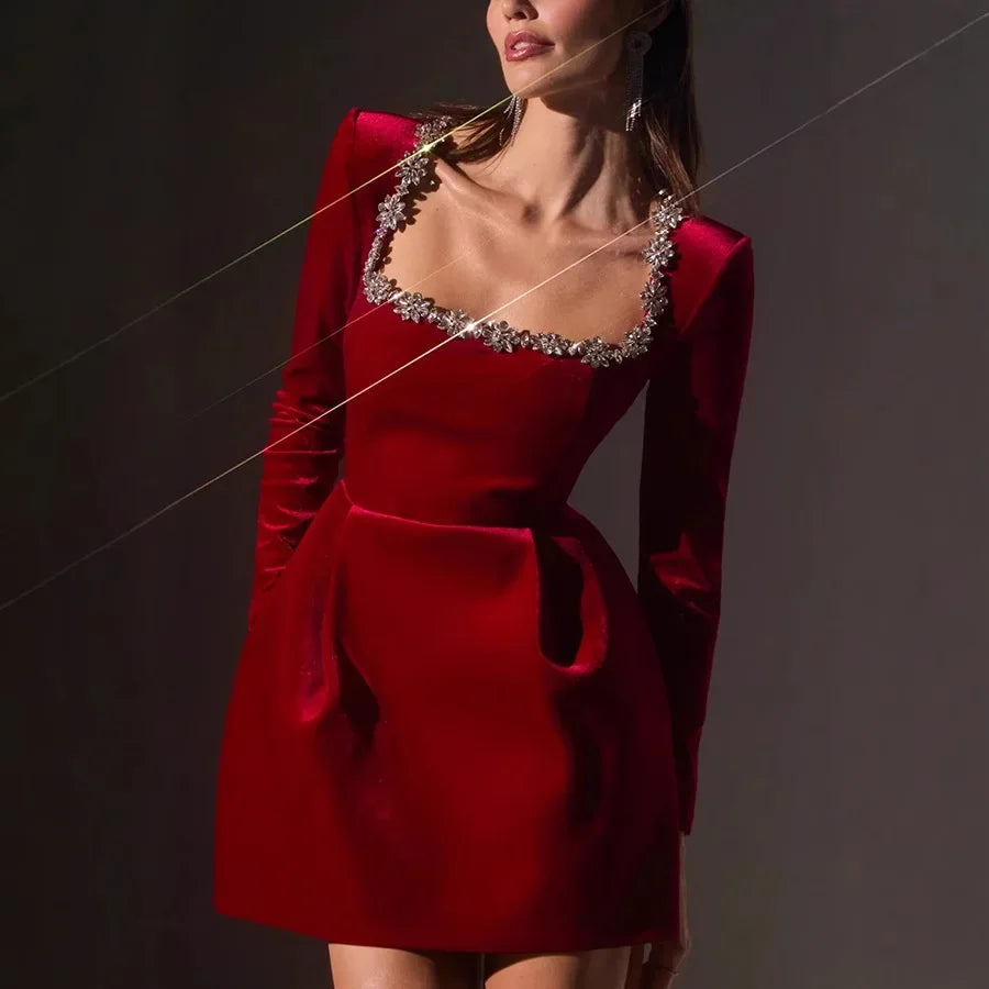Elegant Short Velvet Dress with Diamond Embellishment Square Collar Independent Station Cross-border Spring Women's Fashion