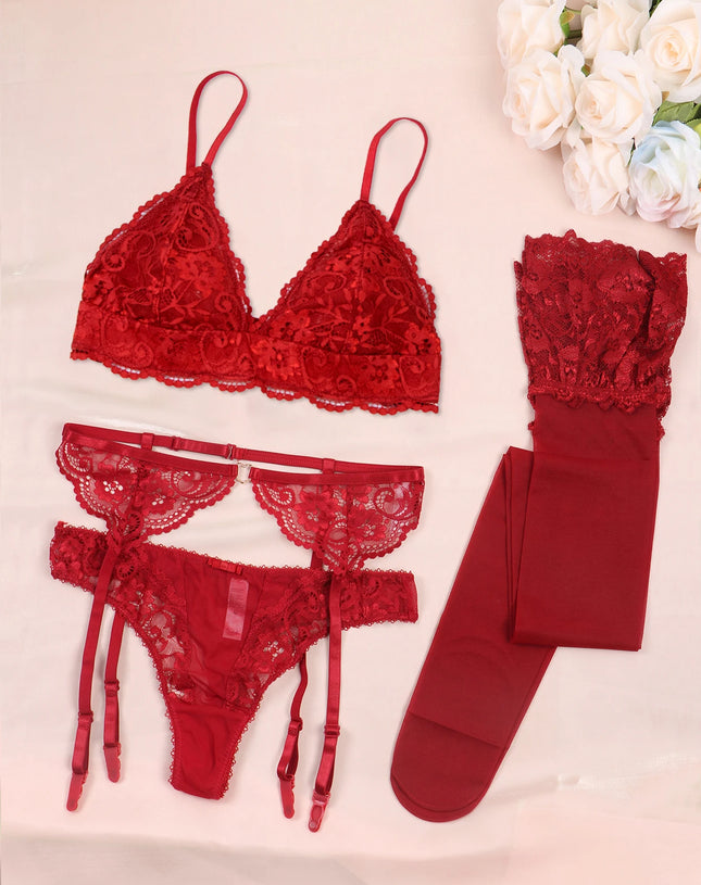 Varsbaby Lace Bra Sets for Women Non-padded Bra Panty Garter Stockings Summer Underwear Lingerie Sexy