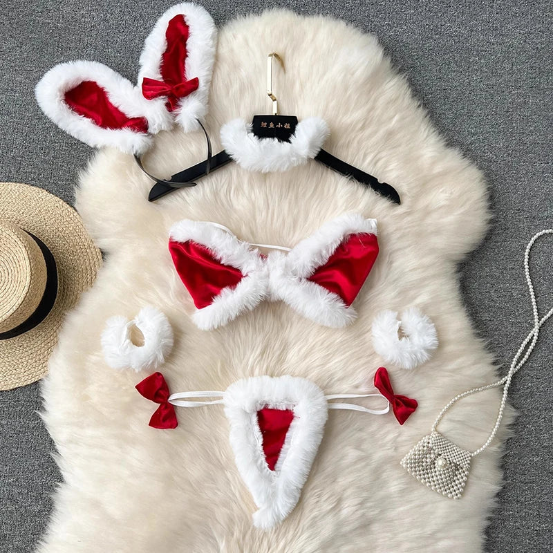 CHILLGIO Women Sexy Christmas Velour Bra Brief Suits Fashion Intimate Lingerie 5 Piece Erotic Bras Thongs Outfits Underwear Sets