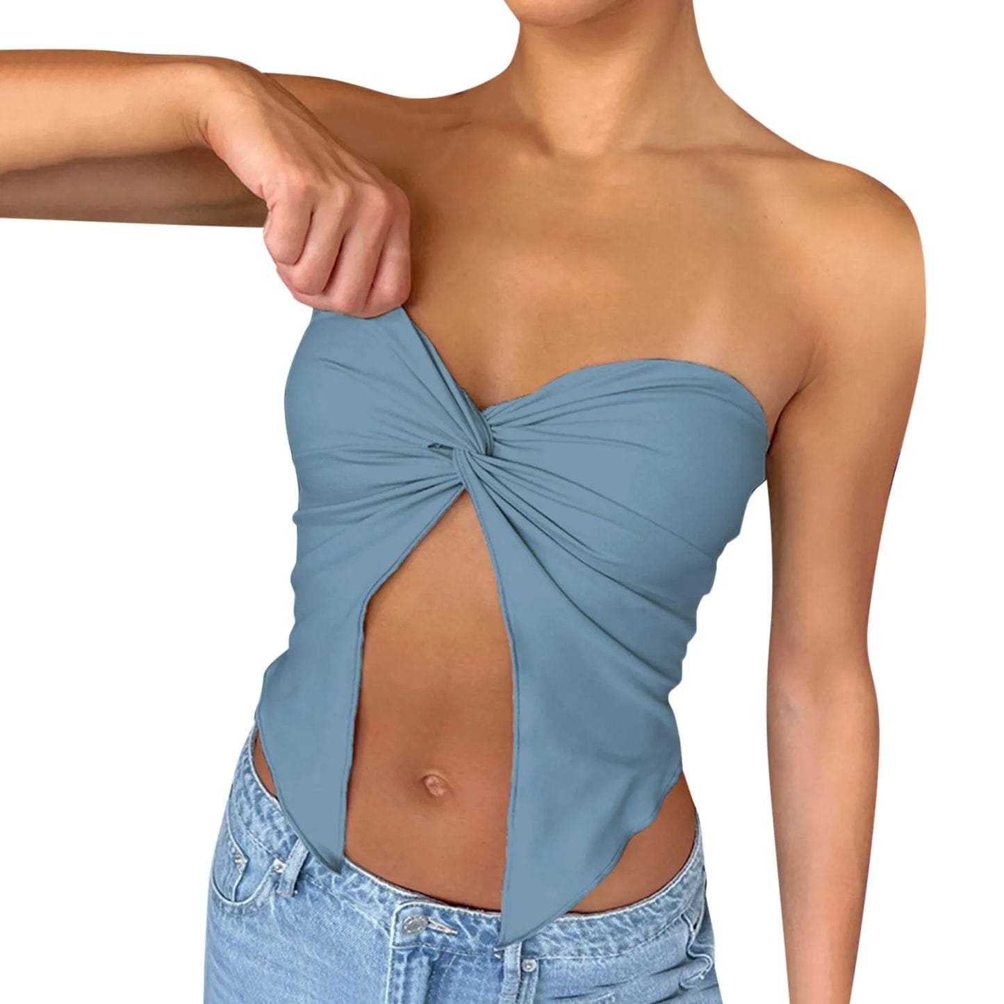 Ruched Strapless Bandeau Crop Top – Casual Backless Tube Top for Women