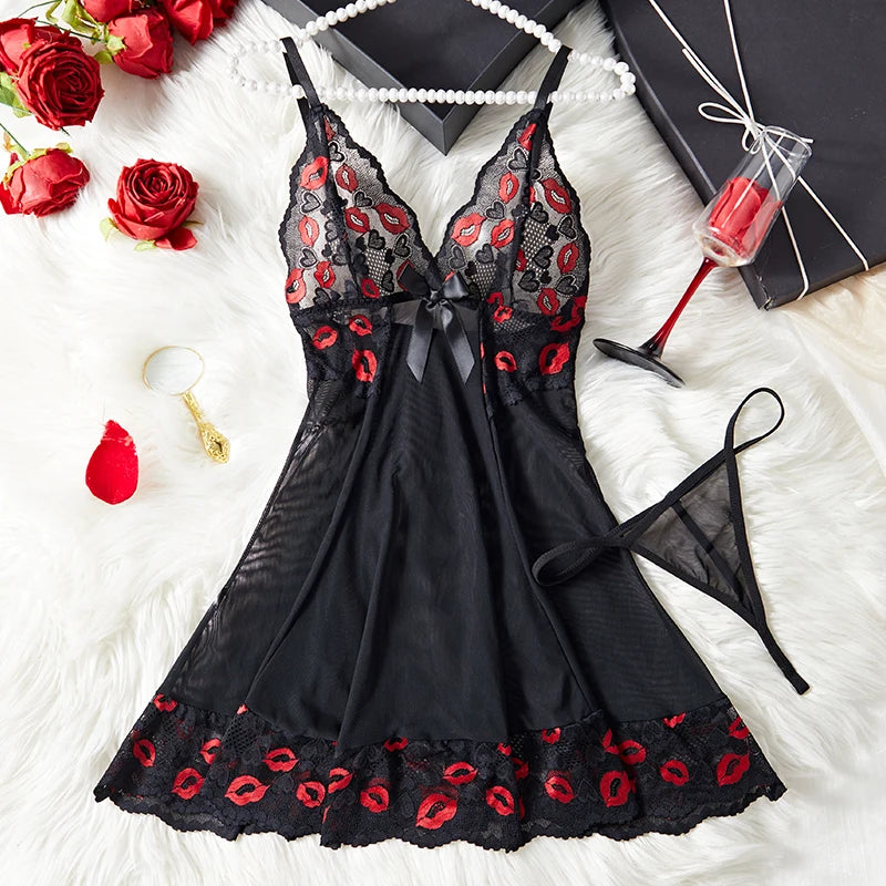New Transparent Sexy Red Lips Love Print Lace Women's Strap Dress Deep V Bow Corset Sleeping Skirt Set Erotic Babydolls Lingerie