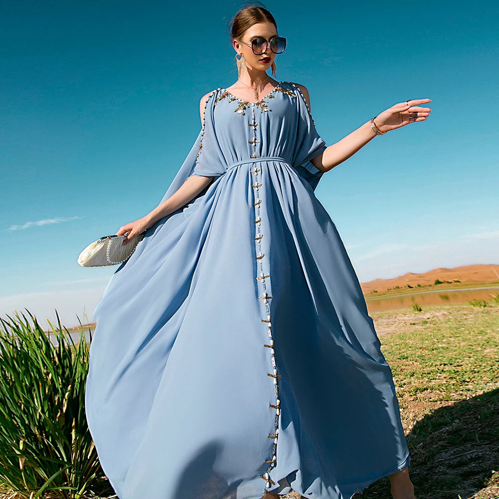 Diamond-Embellished Cold-Shoulder V-Neck Summer Kaftan Abaya – Luxury Evening Party & Eid Gown