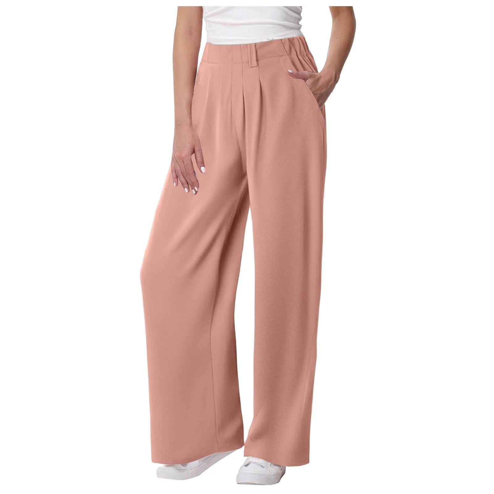 Womens Solid Color Straight Tube Loose Stretch Yoga Pants with Pockets Streetwear Waffle Palazzo Pants Women Joggers Baggy Pants